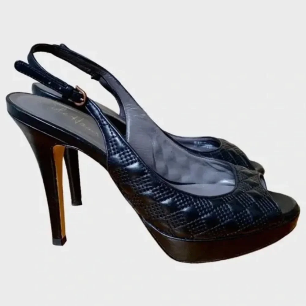 Cole Haan Nike Air Stephanie Black Quilted Leather Peep Toe Slingback size 6.5